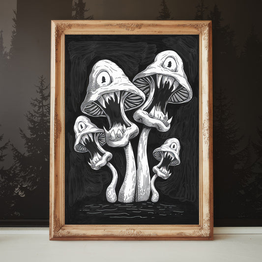 "The Howling Fungi" – Black & White Gothic Mushroom Art