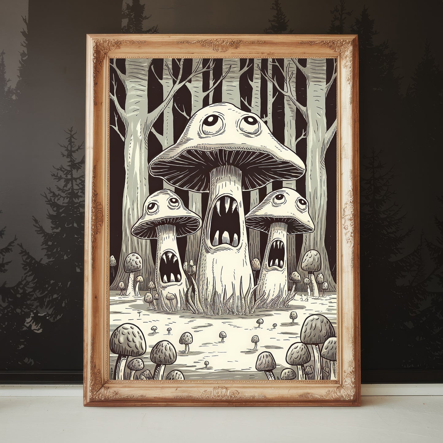 "The Scream of the Fungal Realm" – Monochrome Horror Mushroom Art