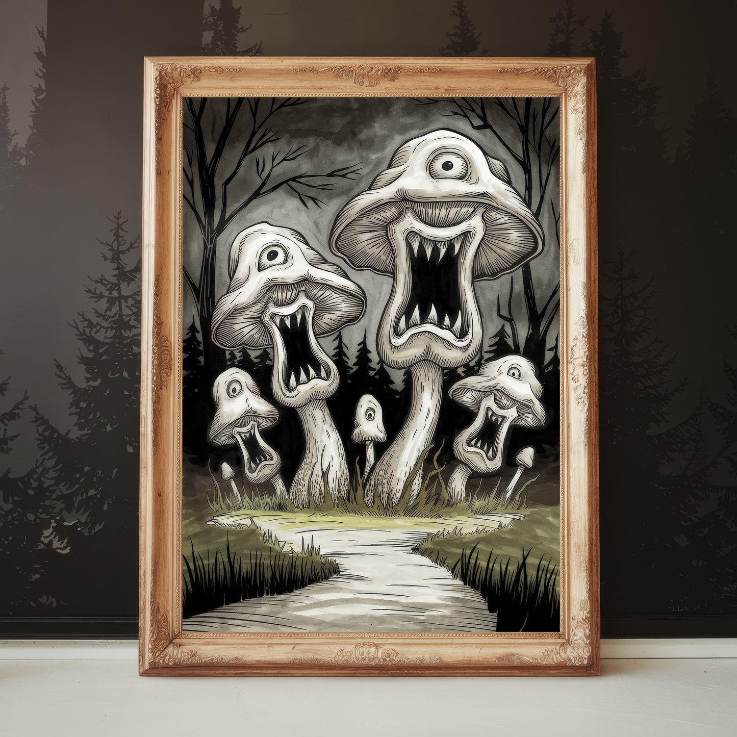 "Nightmare in the Mushroom Woods" – Dark Fantasy Mushroom Wall Art