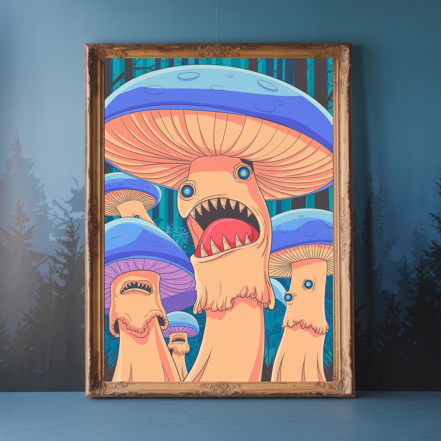 "Enchanted Terror" – Screaming Blue Shroom Mushroom Horror Art Print