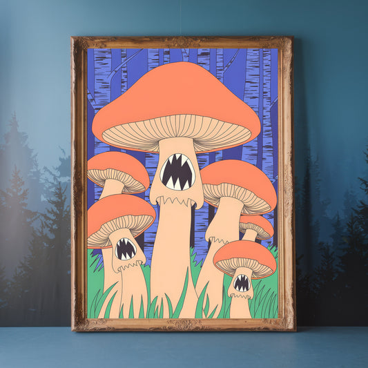 "Whispers in the Thicket" – Macabre Blue Screaming Mushroom Art Print