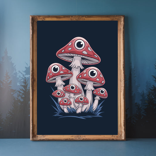 "The Watchful Ones" – Eyeball Mushroom Blue Surreal Art Print