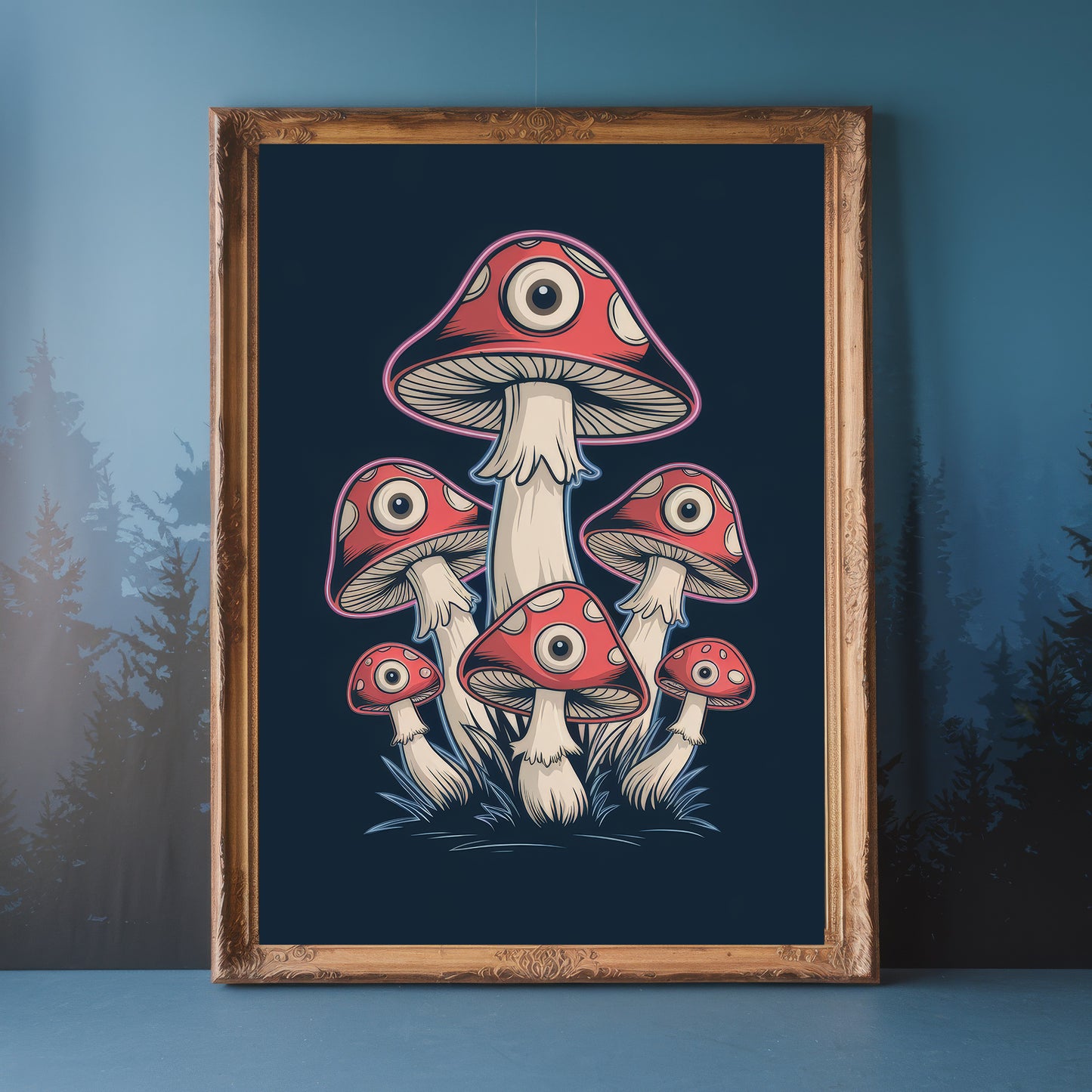 "The All-Seeing Mushrooms" – Dark Fantasy Blue Fungi Mushroom Art Print