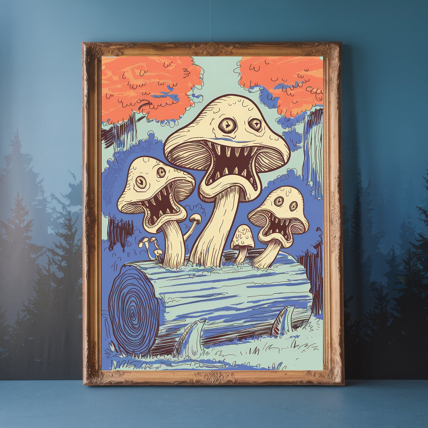 "Echoes of the Hollow" – Surreal Blue Screaming Mushroom Art Print