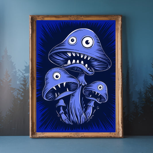 "Lurkers of the Shadow Glade" – Blue Horror Mushroom Art Print