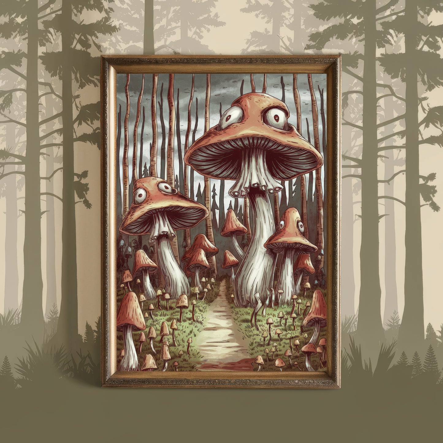 "The Watchers of the Woods" – Gothic Mushroom Pathway Art Print
