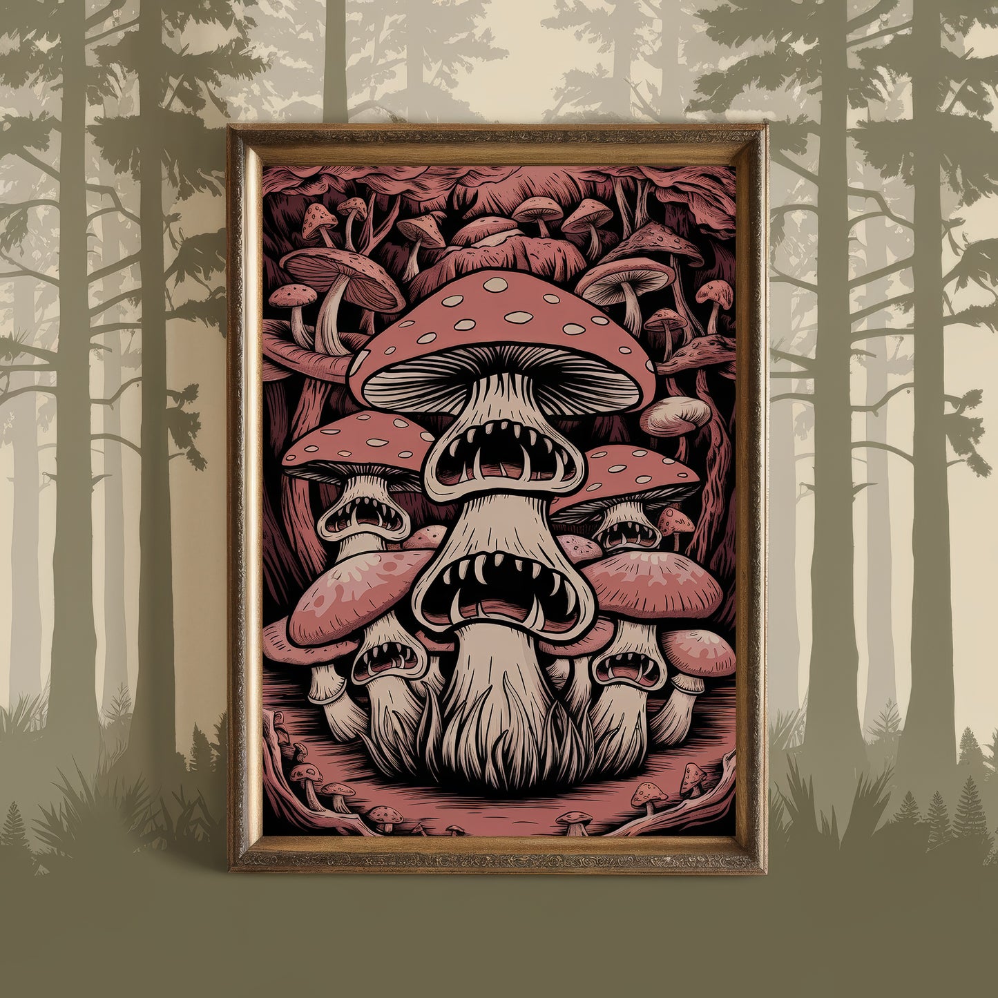"The Fungal Maw" – Brown Surreal Mushroom Art Print