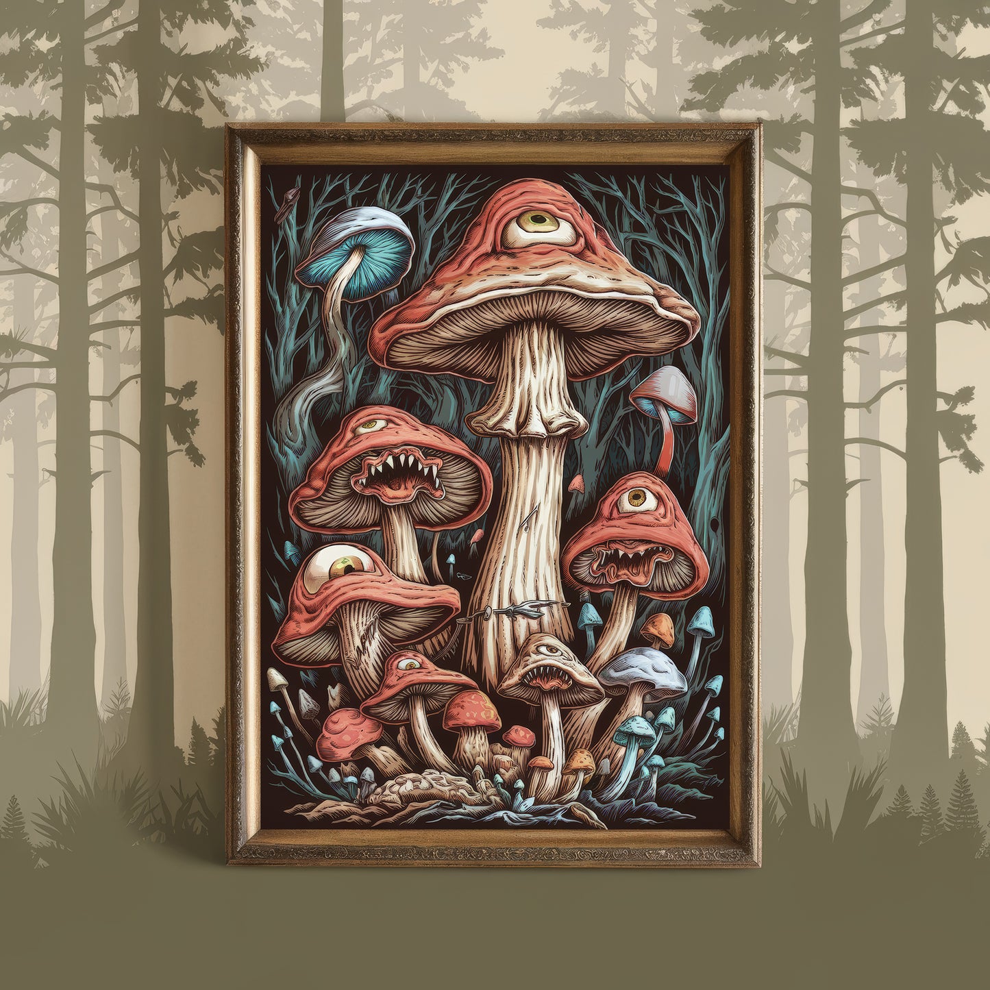 "The Whispering Caps" –  Brown Scary Horror Mushroom Art Print