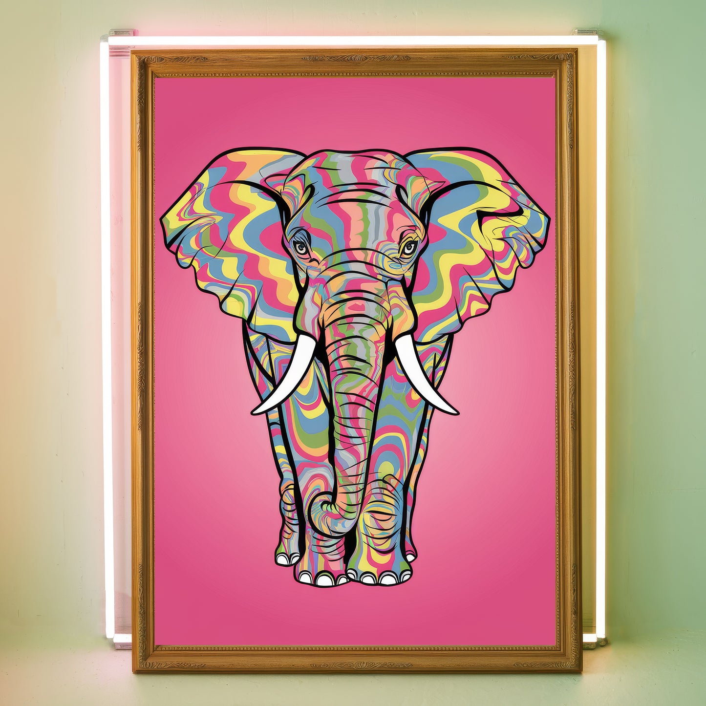Funky Elephant 5 Wall Art Poster Print with pink background