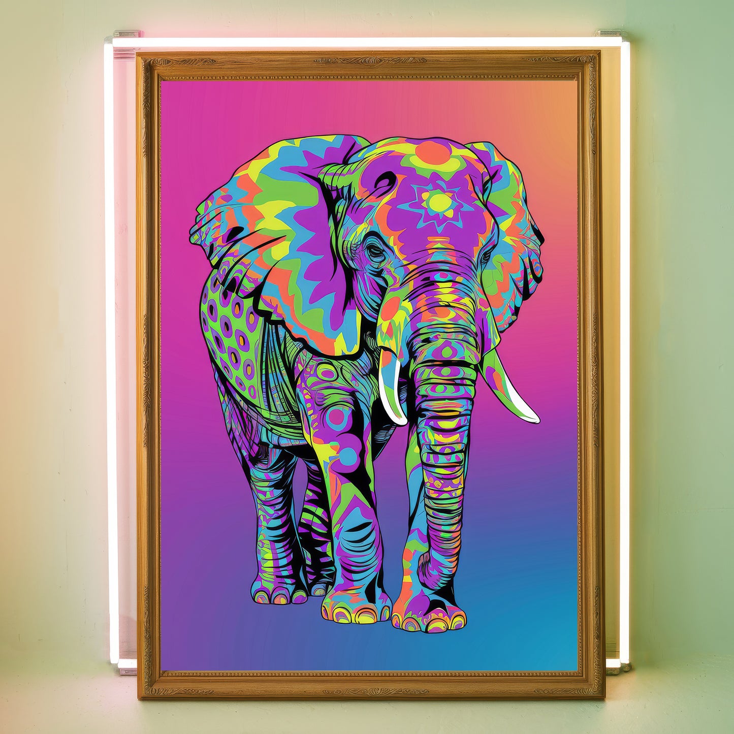 Funky Elephant 6 Wall Art Poster Print with Neon Background