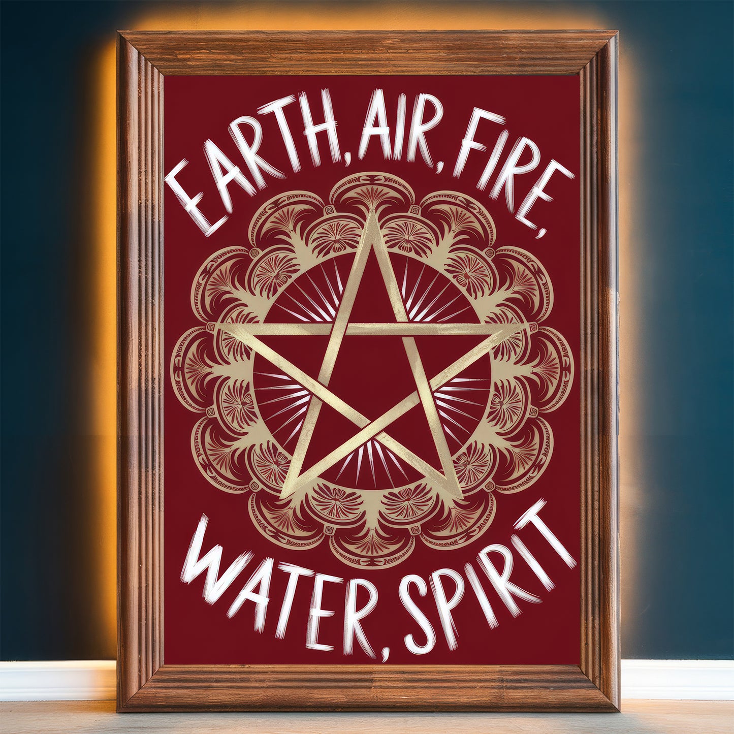 Pentagram Mandala 8 Wall Art Poster Print With Circled Affirmation Text "Earth, Air, Fire, Water, Spirit."