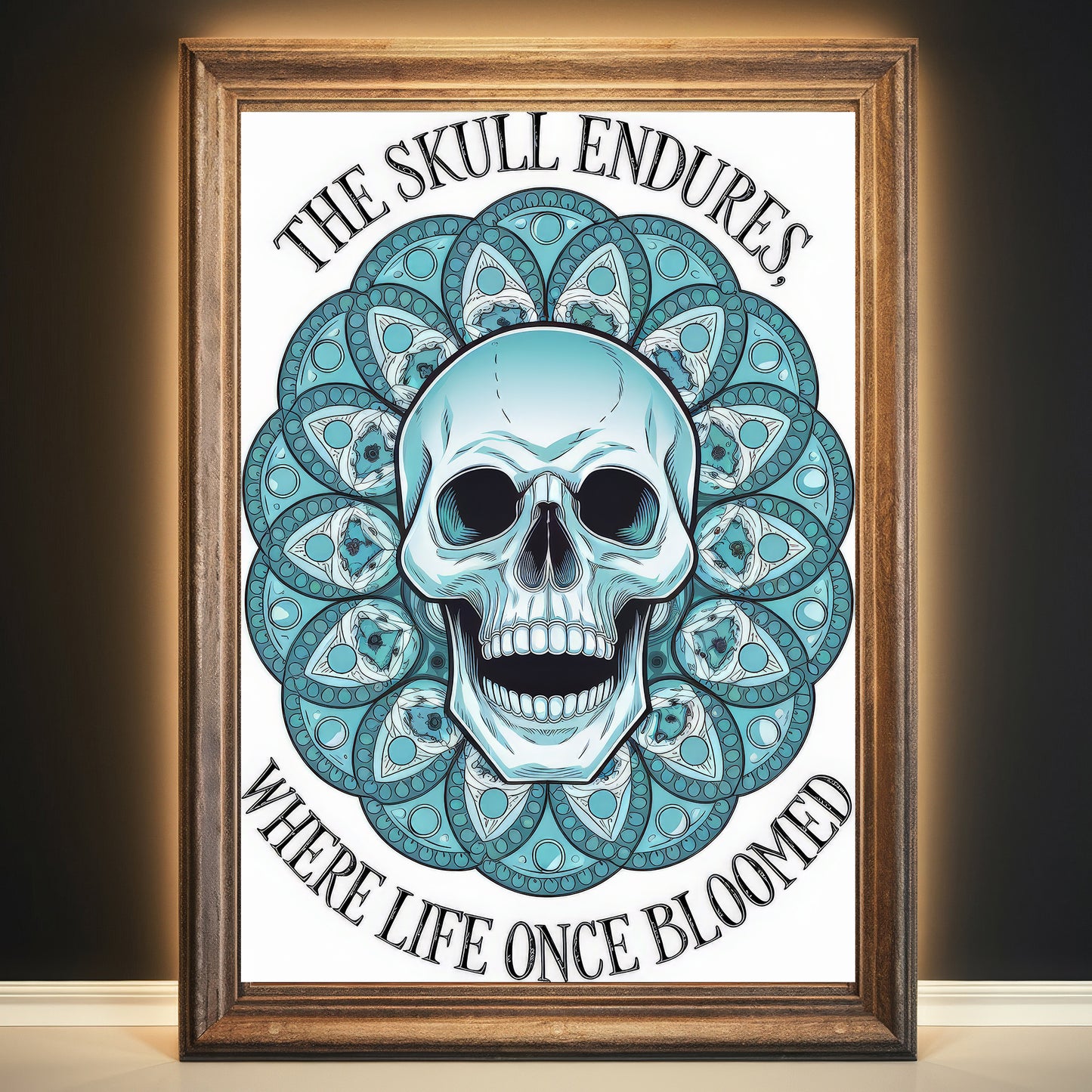 Skull Mandala 1 Wall Art Poster Print With Circled Affirmation Text "The Skull Endures, Where Life Once Bloomed."