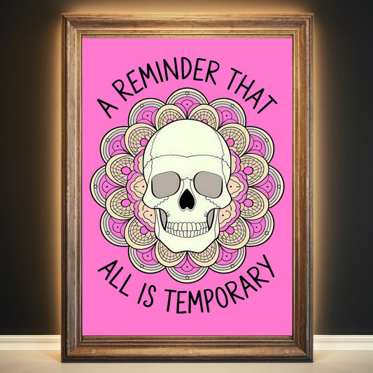 Skull Mandala 5 Wall Art Poster Print With Circled Affirmation Text "A Reminder That All Is Temporary."
