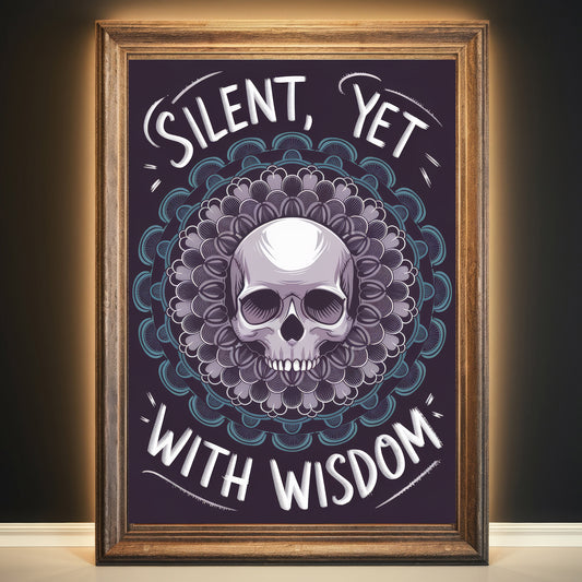 Skull Mandala 6 Wall Art Poster Print With Circled Affirmation Text "Silent, Yet With Wisdom."