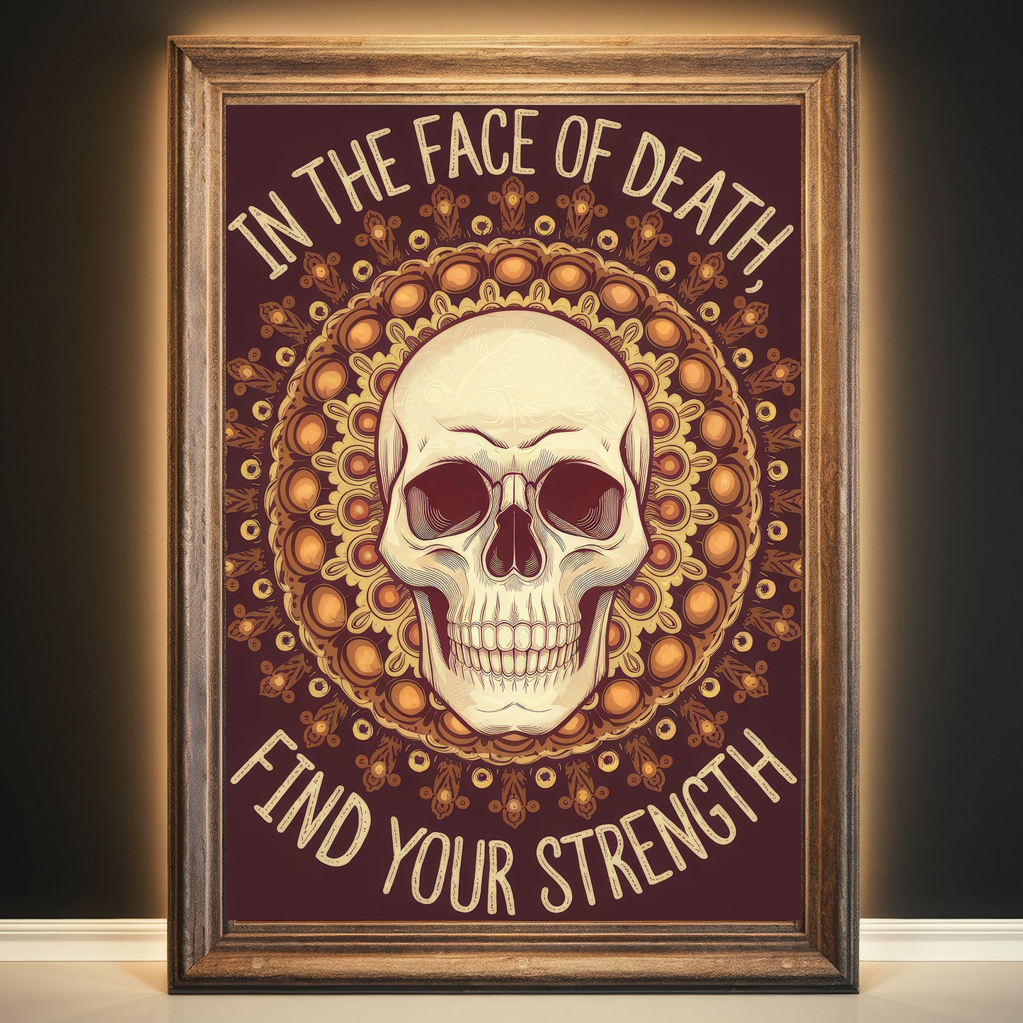 Skull Mandala 7 Wall Art Poster Print With Circled Affirmation Text "In The Face Of Death, Find Your Strength."