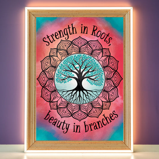 Tree Of Life Mandala 10 Wall Art Poster Print With Circled Affirmation Text "Strength In Roots, Beauty In Branches."