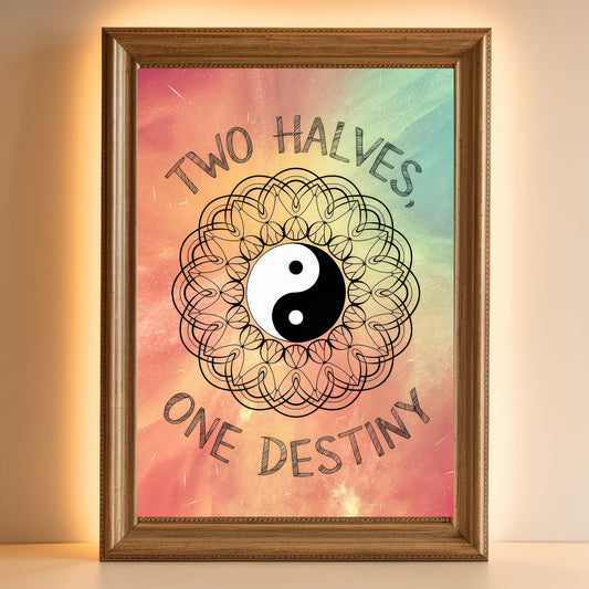 Yin Yang Mandala 5 Wall Art Poster Print With Circled Affirmation Text "Two Halves, One Destiny."