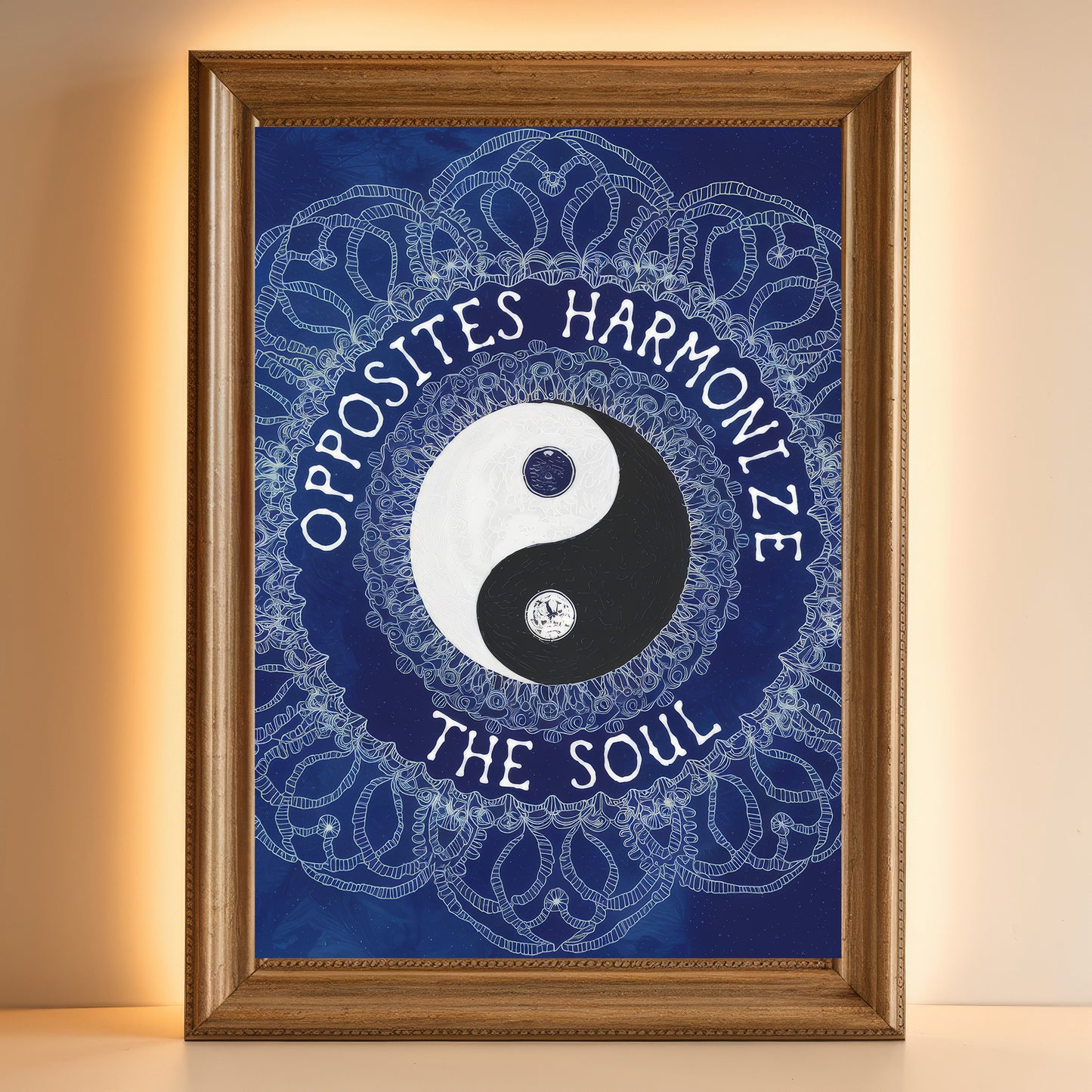 Yin Yang Mandala 9 Wall Art Poster Print With Circled Affirmation Text "Opposites Harmonize The Soul."