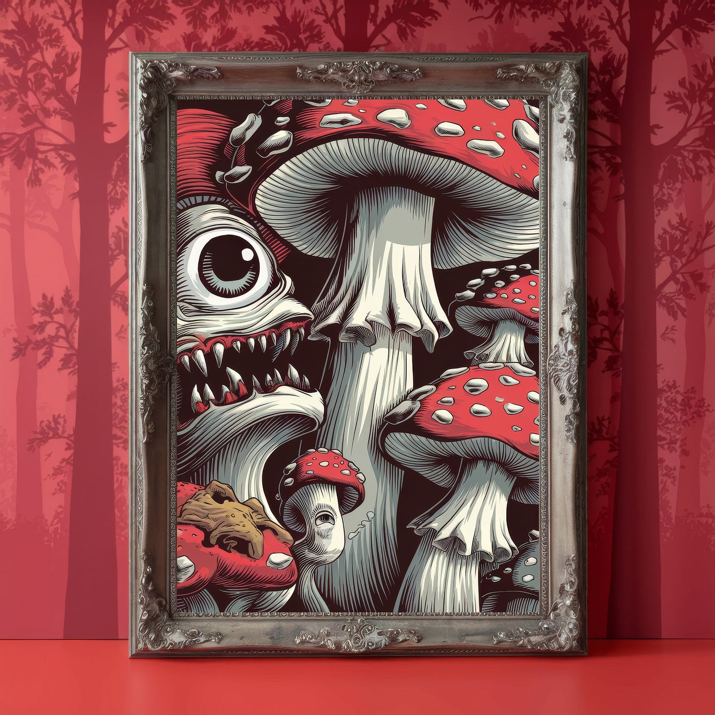 “The Watchers of the Crimson Glade” – Surreal Red Mushroom Fantasy Print