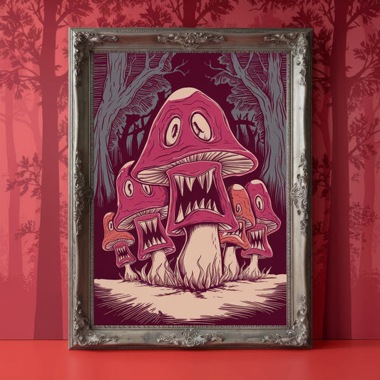 "Shriek of the Forest" – Screaming Red Mushroom Nightmare Art Print