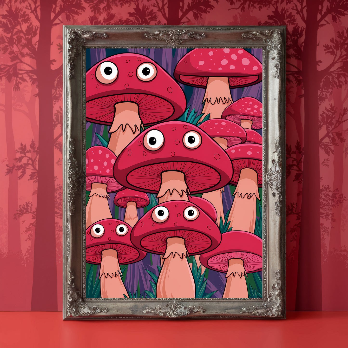“The Whispering Shrooms” – Playful Yet Mysterious Red Mushroom Art Print