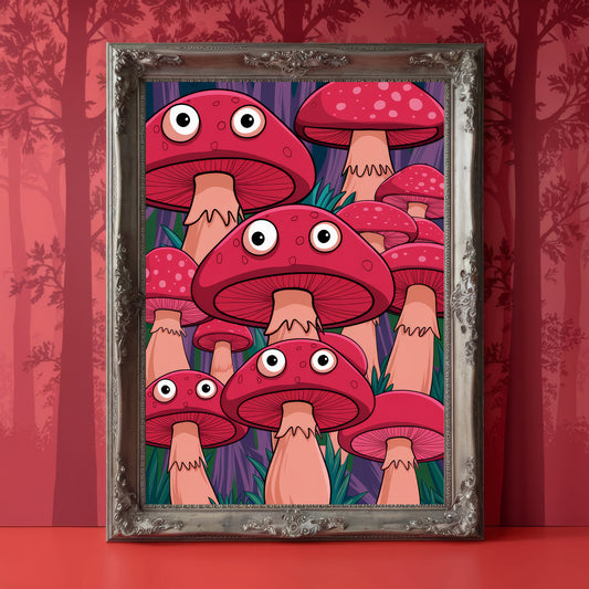 “The Whispering Shrooms” – Playful Yet Mysterious Red Mushroom Art Print
