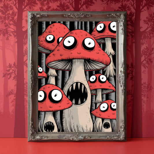 "The Hollow Stalks" – Creepy Red Mushroom Art Print