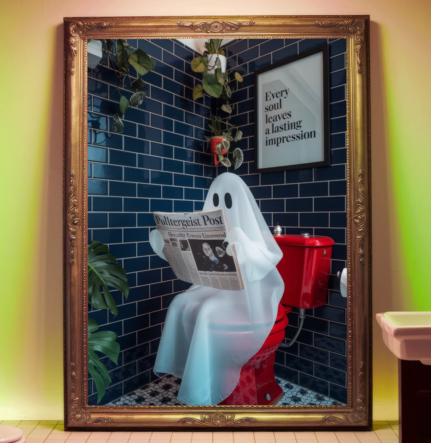"The Paranormal Paper Reader" - Ghost Bathroom Art