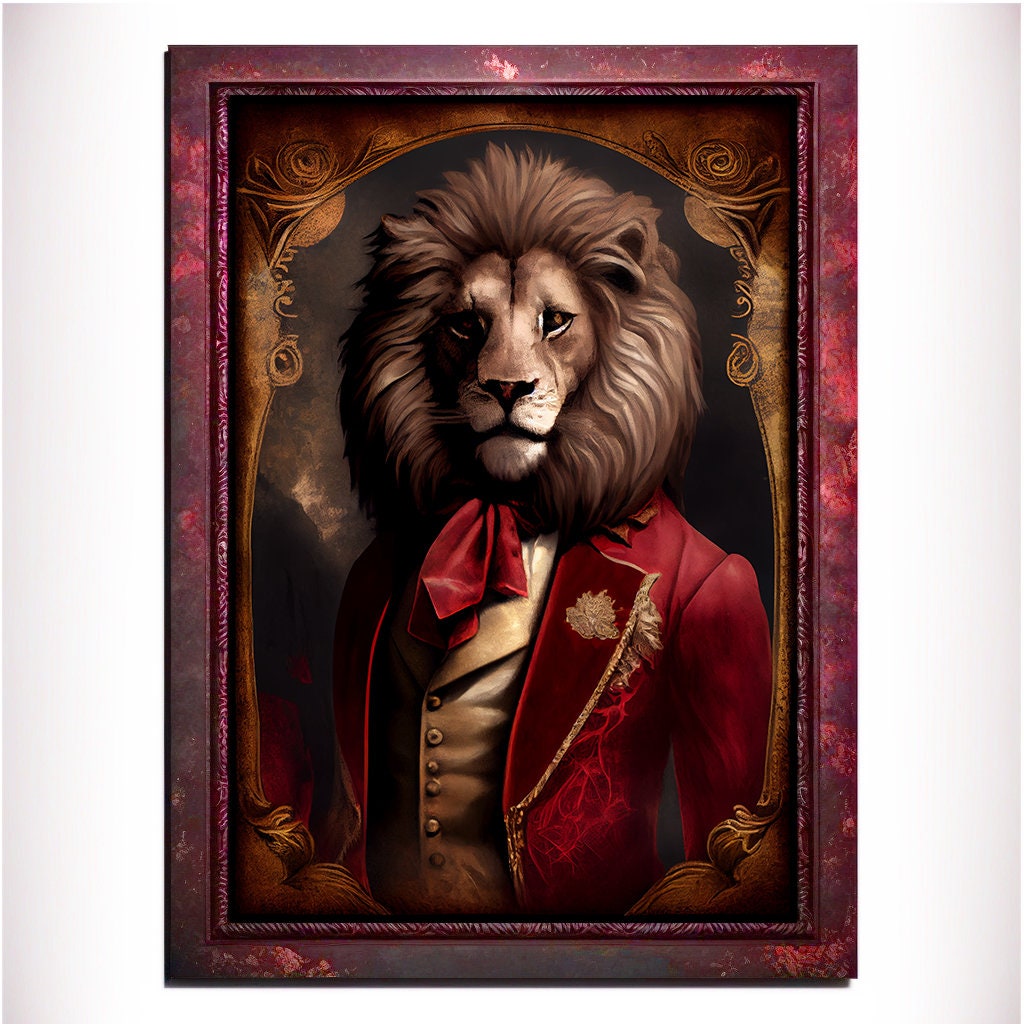 Red Lion Wall Art Digital Download, Red Animal Lover Vintage Regal Instant Downloadable. Victorian Red Lion Pub Portrait Royal Painting Red lion Bar Art Pet Gift