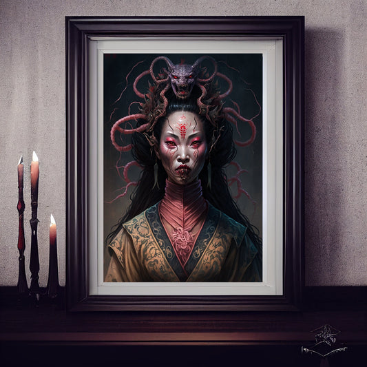 Geisha Art Print, Demonic Geisha Art Print Poster In Renaissance Style, Lovecraft Inspired. Demon Geisha Poster, Gothic Art, Occult painting