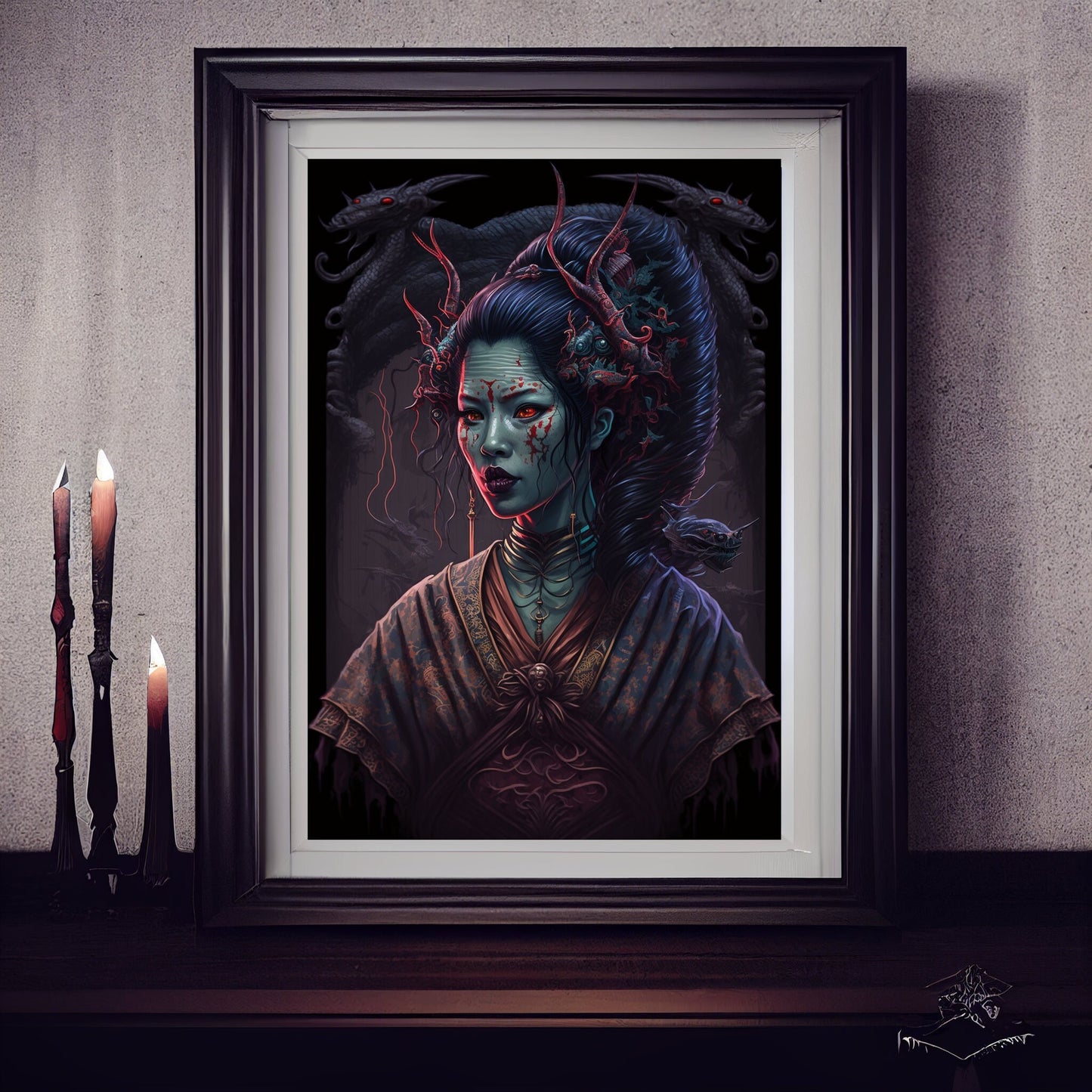 Geisha Art Print, Demonic Geisha Art Print Poster In Renaissance Style, Lovecraft Inspired. Demon Geisha Poster, Gothic Art, Occult painting