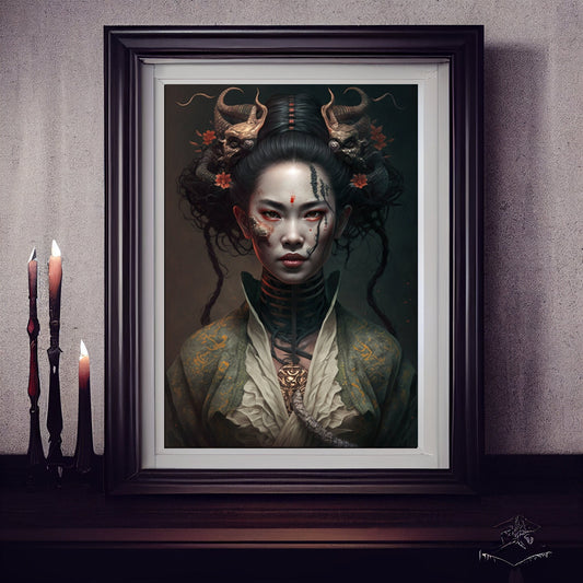 Geisha Art Print, Demonic Geisha Art Print Poster In Renaissance Style, Lovecraft Inspired. Demon Geisha Poster, Gothic Art, Occult painting