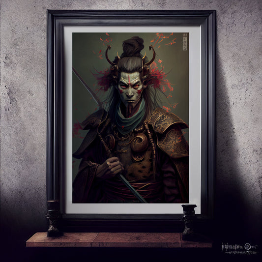 Samurai Art Print, Demonic Samurai Art Print Poster In Renaissance Style, Lovecraft Inspired. Demon Samurai Poster, Gothic, Occult painting