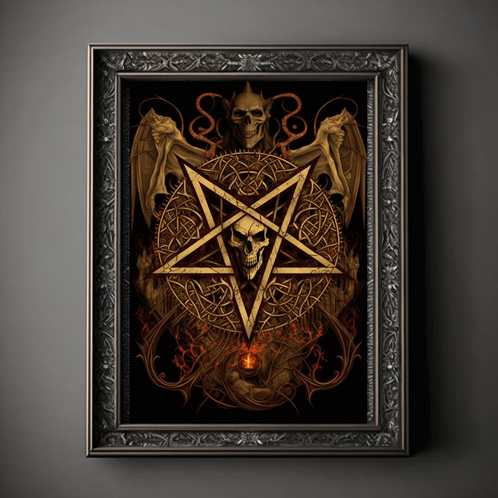 Pentagram Art Print, Demonic Pentagram Art Print Poster Renaissance, Lovecraft, Medieval. Demon Pentagram Poster, Gothic, Occult painting