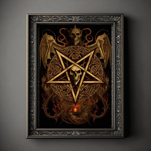 Pentagram Art Print, Demonic Pentagram Art Print Poster Renaissance, Lovecraft, Medieval. Demon Pentagram Poster, Gothic, Occult painting