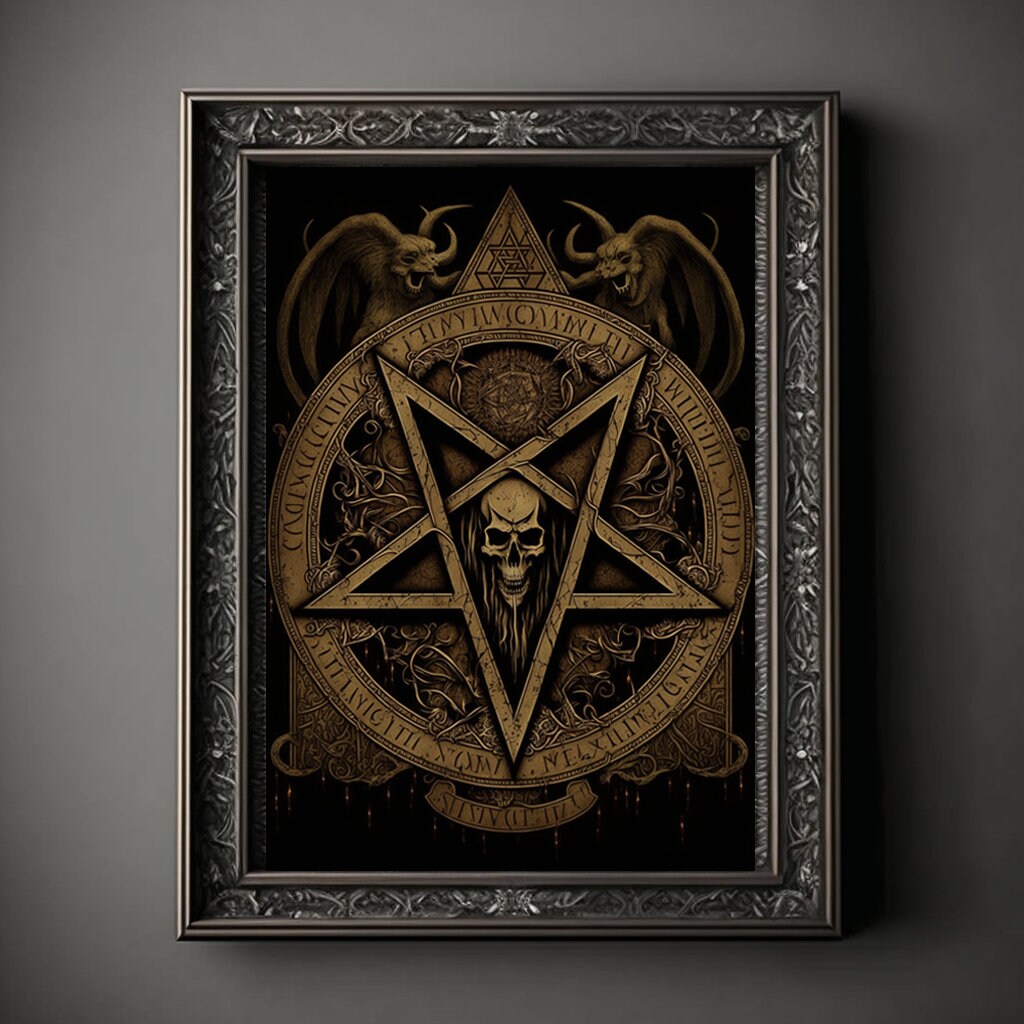 Pentagram Art Print, Demonic Pentagram Art Print Poster Renaissance, Lovecraft, Medieval. Demon Pentagram Poster, Gothic, Occult painting