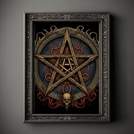 Pentagram Art Print, Demonic Pentagram Art Print Poster Renaissance, Lovecraft, Medieval. Demon Pentagram Poster, Gothic, Occult painting