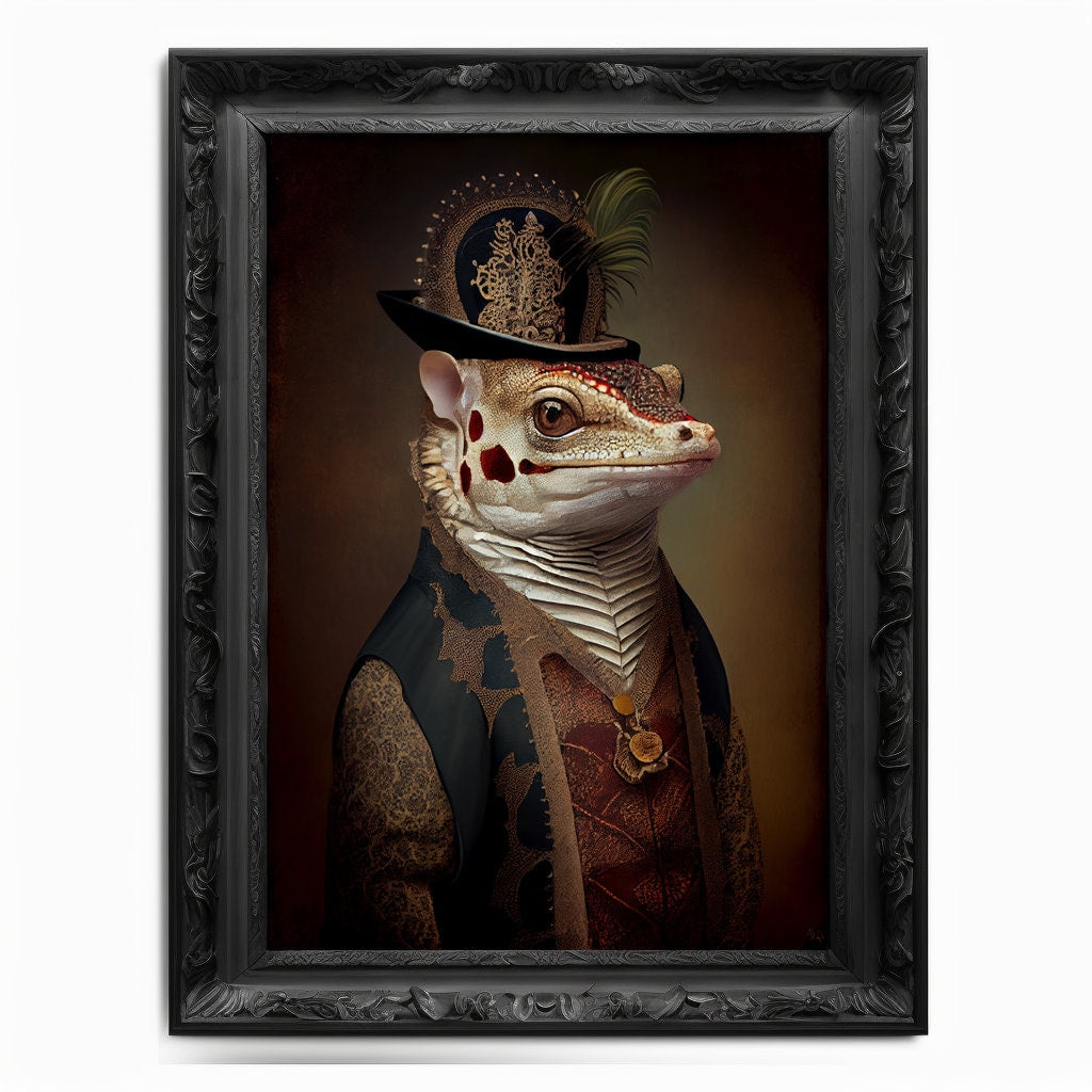 Gecko Wall Art Print,  Animal Lover Vintage Regal Gecko Art Print Poster Renaissance. Victorian Gecko Portrait, Royal Painting Home Pet Gift - Wall Art Poster Print