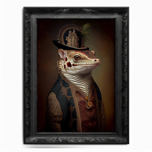 Gecko Wall Art Print,  Animal Lover Vintage Regal Gecko Art Print Poster Renaissance. Victorian Gecko Portrait, Royal Painting Home Pet Gift - Wall Art Poster Print