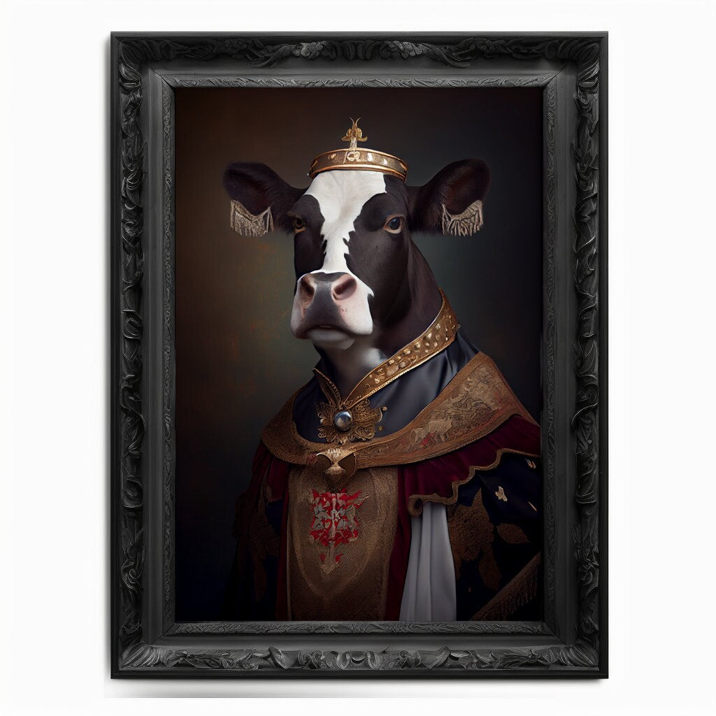 Cow Wall Art Print, Herd Animal Lover Vintage Regal Cow Art Poster Renaissance. Victorian Cow Portrait, Royal Painting Swine Oxen Pet Gift - Wall Art Poster Print