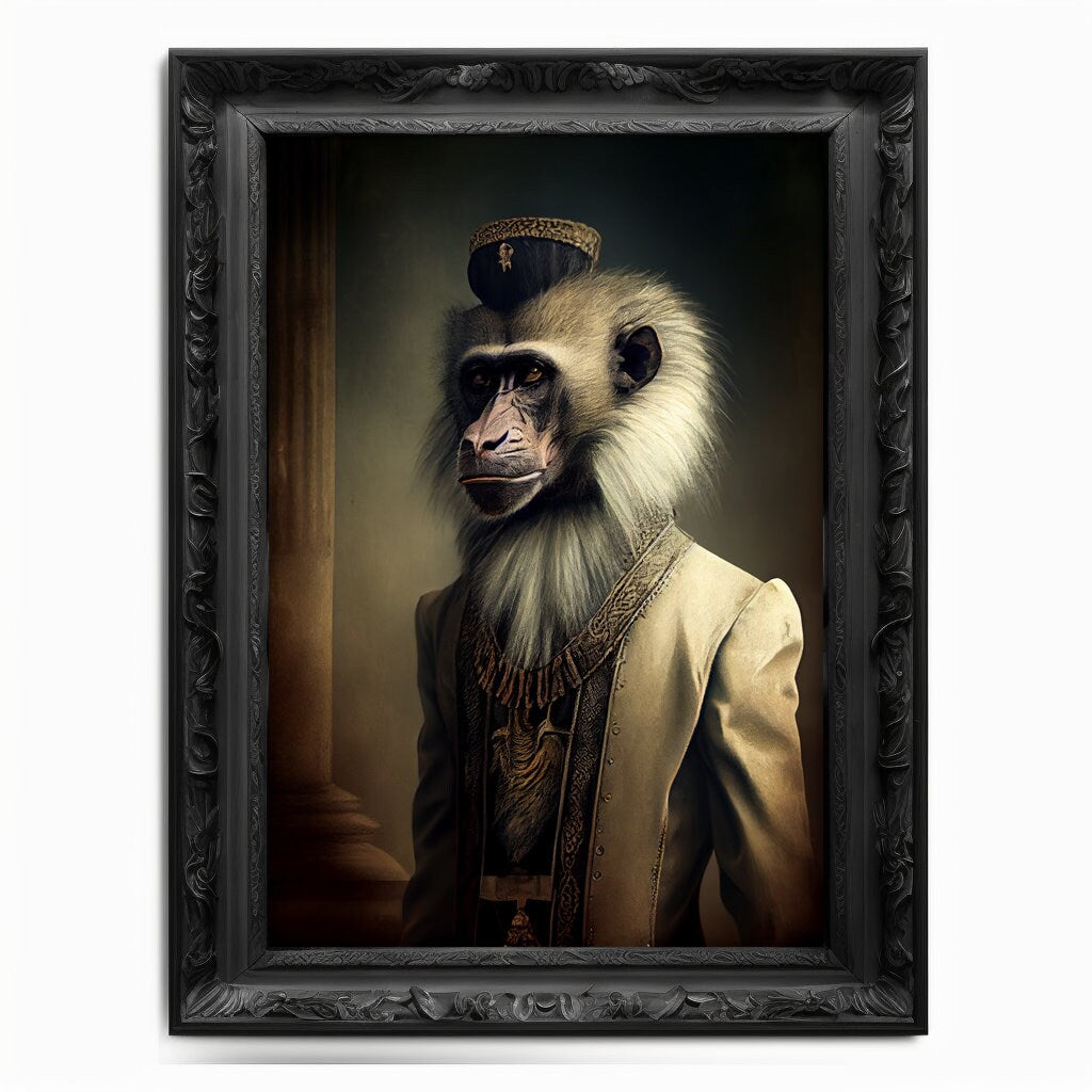 Baboon Wall Art Print Monkey Animal Lover Vintage Regal Poster Renaissance Victorian Baboon Portrait Royal Painting Ape Primate Monkey Gift - Wall Art Poster Print