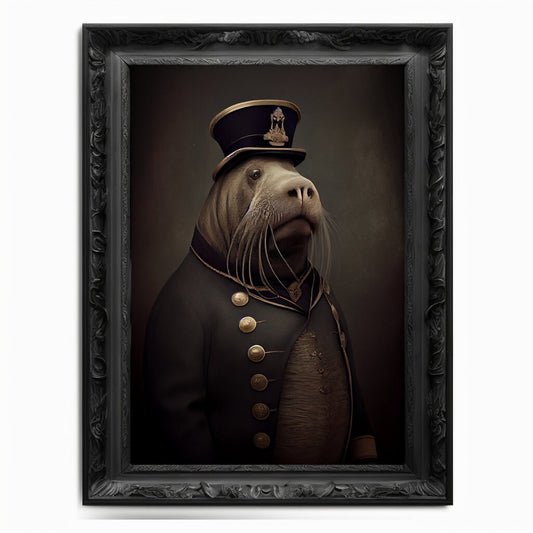 Walrus Wall Art Print, Walrus Animal Lover Vintage Regal Art Poster Renaissance. Victorian Walrus Portrait, Royal Painting Seahorse Pet Gift - Wall Art Poster Print