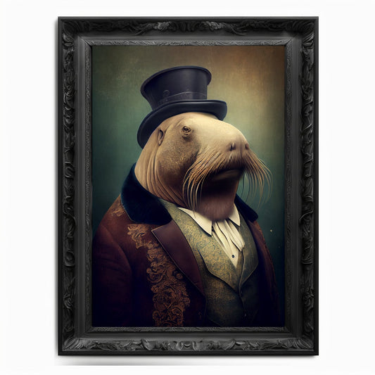 Walrus Wall Art Print, Walrus Animal Lover Vintage Regal Art Poster Renaissance. Victorian Walrus Portrait, Royal Painting Seahorse Pet Gift - Wall Art Poster Print