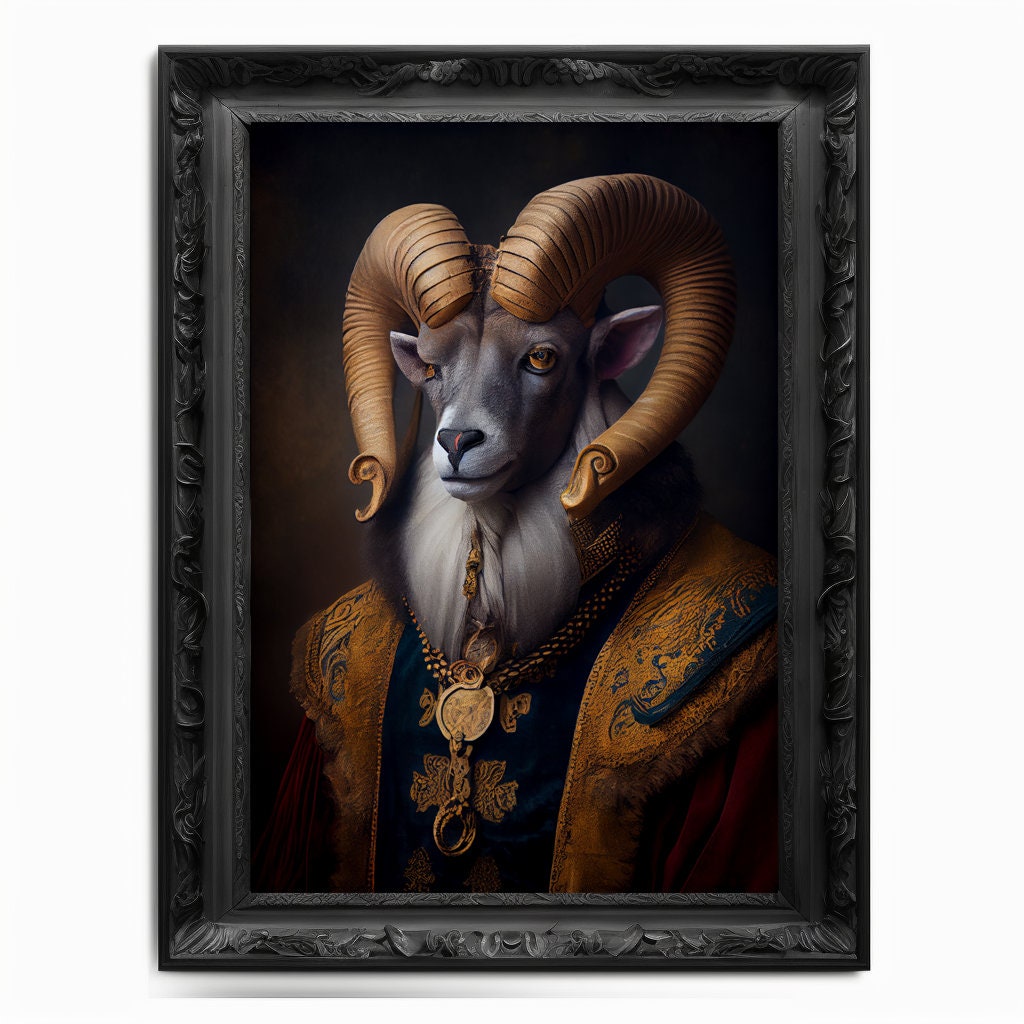 Ram Wall Art Print, Animal Lover Aries Vintage Regal Art Poster Renaissance. Victorian Sheep Ram Portrait Royal Buck Pet Lamb Painting Gift