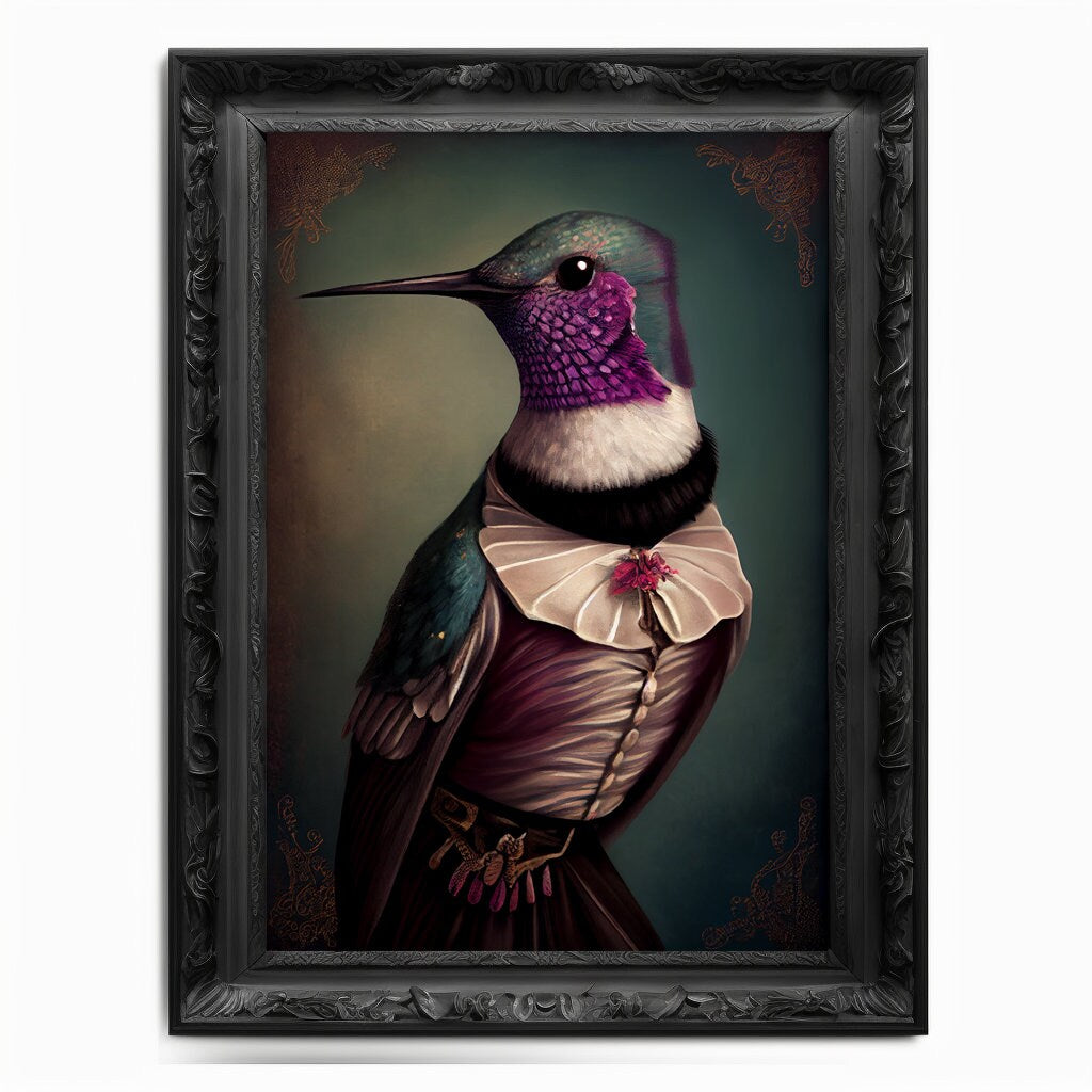 Hummingbird Wall Art Print, Bird Animal Lover Vintage Regal Art Poster Renaissance. Victorian Hummingbird Portrait Royal Painting Pet Gift - Wall Art Poster Print