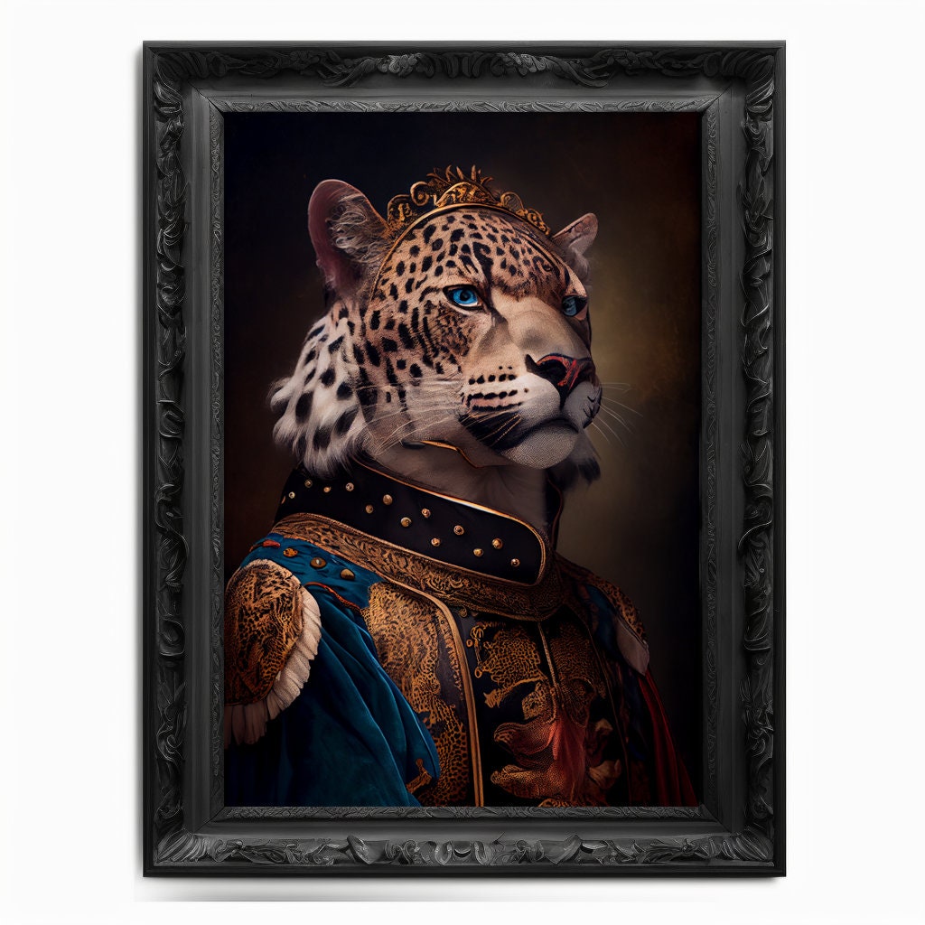 Jaguar Wall Art Print, Cat Animal Lover Vintage Regal Art Poster Renaissance. Victorian Jaguar Portrait Royal Painting Feline Pet Lion Gift - Wall Art Poster Print