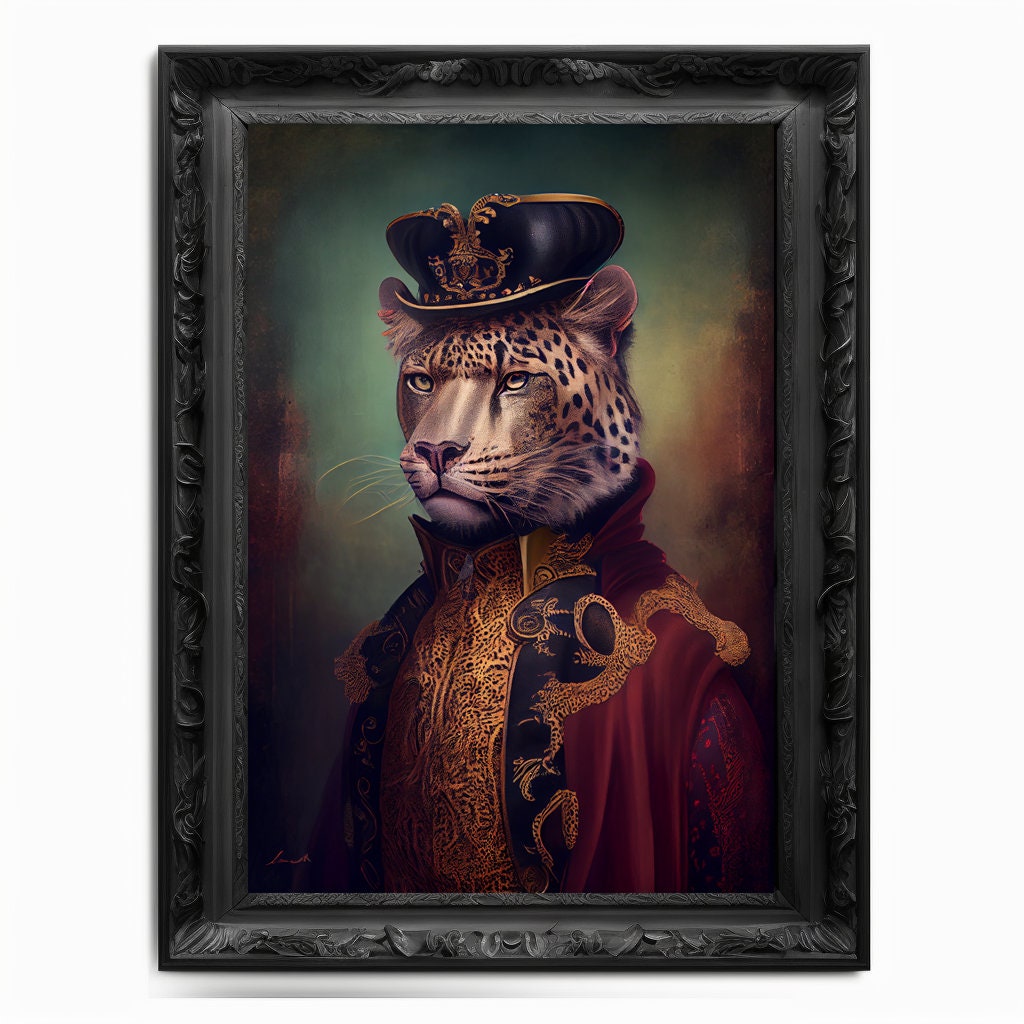 Jaguar Wall Art Print, Cat Animal Lover Vintage Regal Art Poster Renaissance. Victorian Jaguar Portrait Royal Painting Feline Pet Lion Gift - Wall Art Poster Print