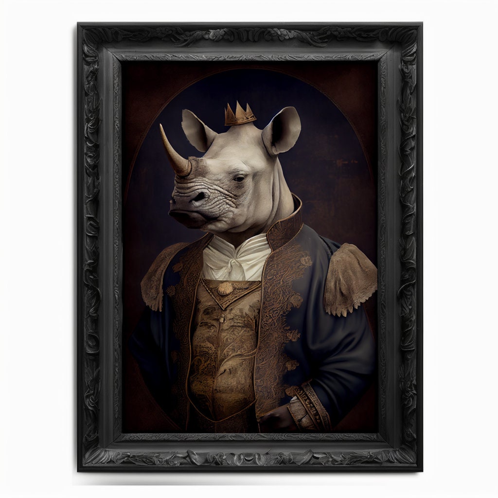 Rhino Wall Art Print, Rhinoceros Animal Lover Vintage Regal Art Poster Renaissance. Victorian Rhino Portrait Royal Painting Rhino Pet Gift - Wall Art Poster Print