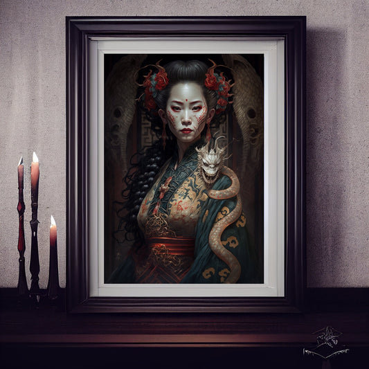 Geisha Art Print, Demonic Geisha Art Print Poster In Renaissance Style, Lovecraft Inspired. Demon Geisha Poster, Gothic Art, Occult painting