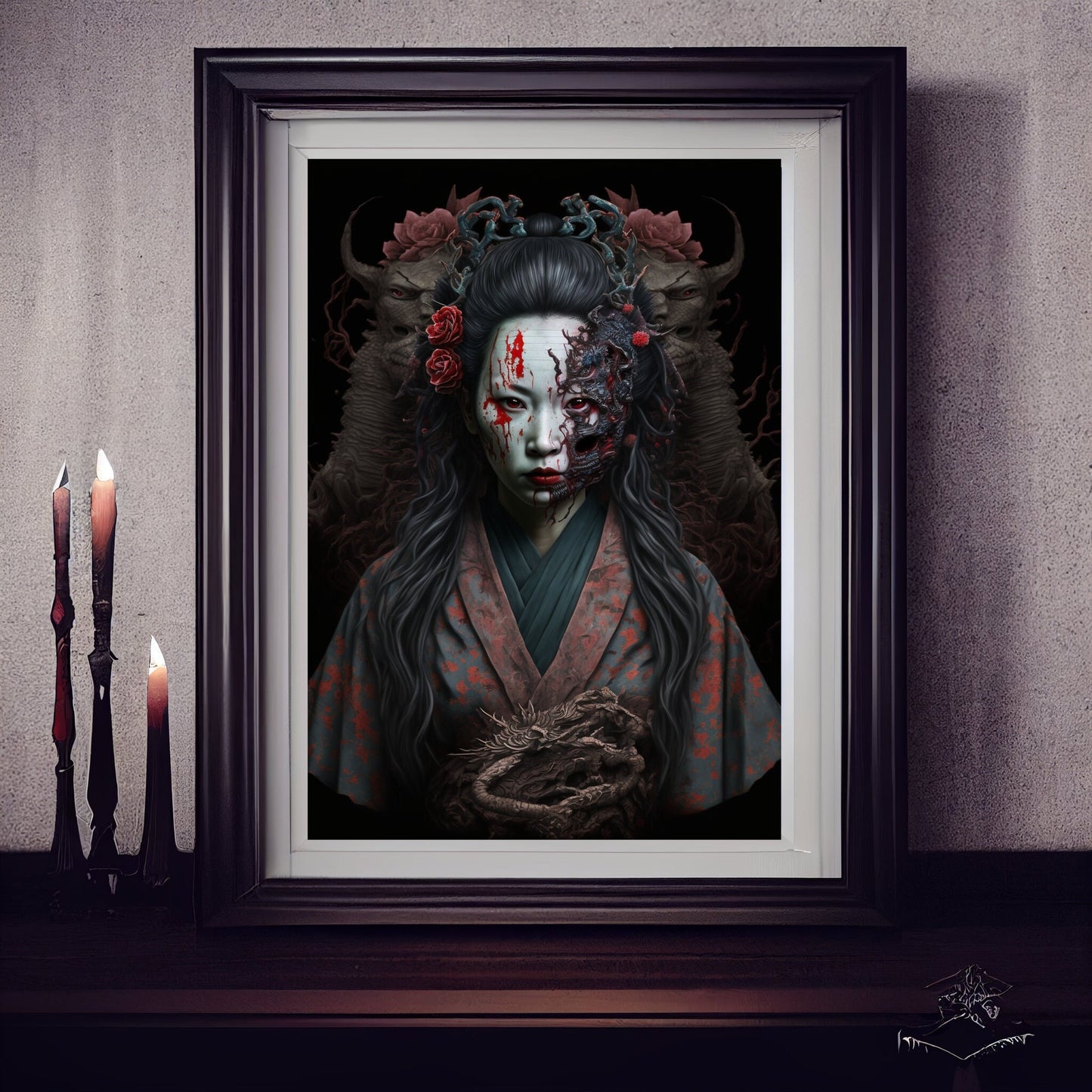 Geisha Art Print, Demonic Geisha Art Print Poster In Renaissance Style, Lovecraft Inspired. Demon Geisha Poster, Gothic Art, Occult painting